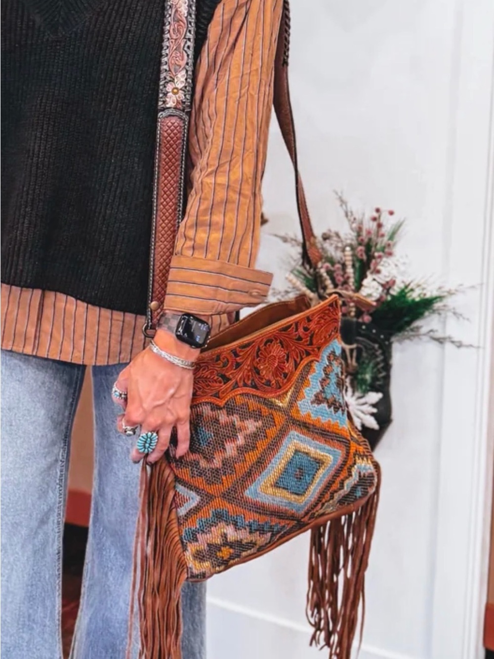 Boho Fringe Crossbody Bag in Brown and Turquoise Myra Bag -nwt - Picture 3 of 6